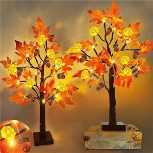 2 Pack 24" Prelit Fall Maple Tree, 48 LEDs, 3D‎ Pumpkin Lights, Battery Operated